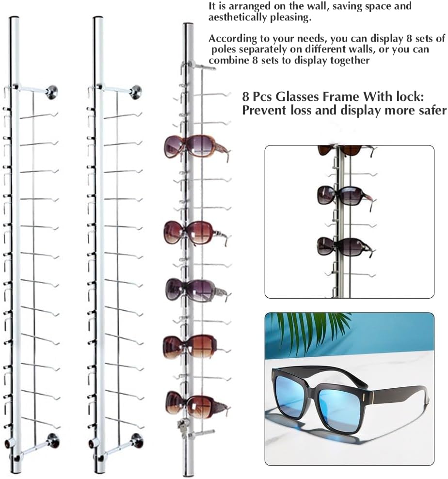 8 Set Retail Display 96 Pairs Glasses Sunglasses, Lockable Wall Mount Eyeglass Sunglasses Display Stand Holder Rack with Lock, Multiple Glasses Organizer Eyewear Display Hanging Sunglass