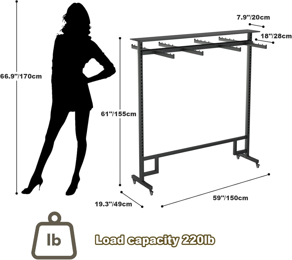 Retail Clothing Rack with Adjustable 8 Arms, Portable Boutique Display Hanging Stand on Wheels and Top Shelf, Floor Standing Metal Garment Shirts Racks, Black