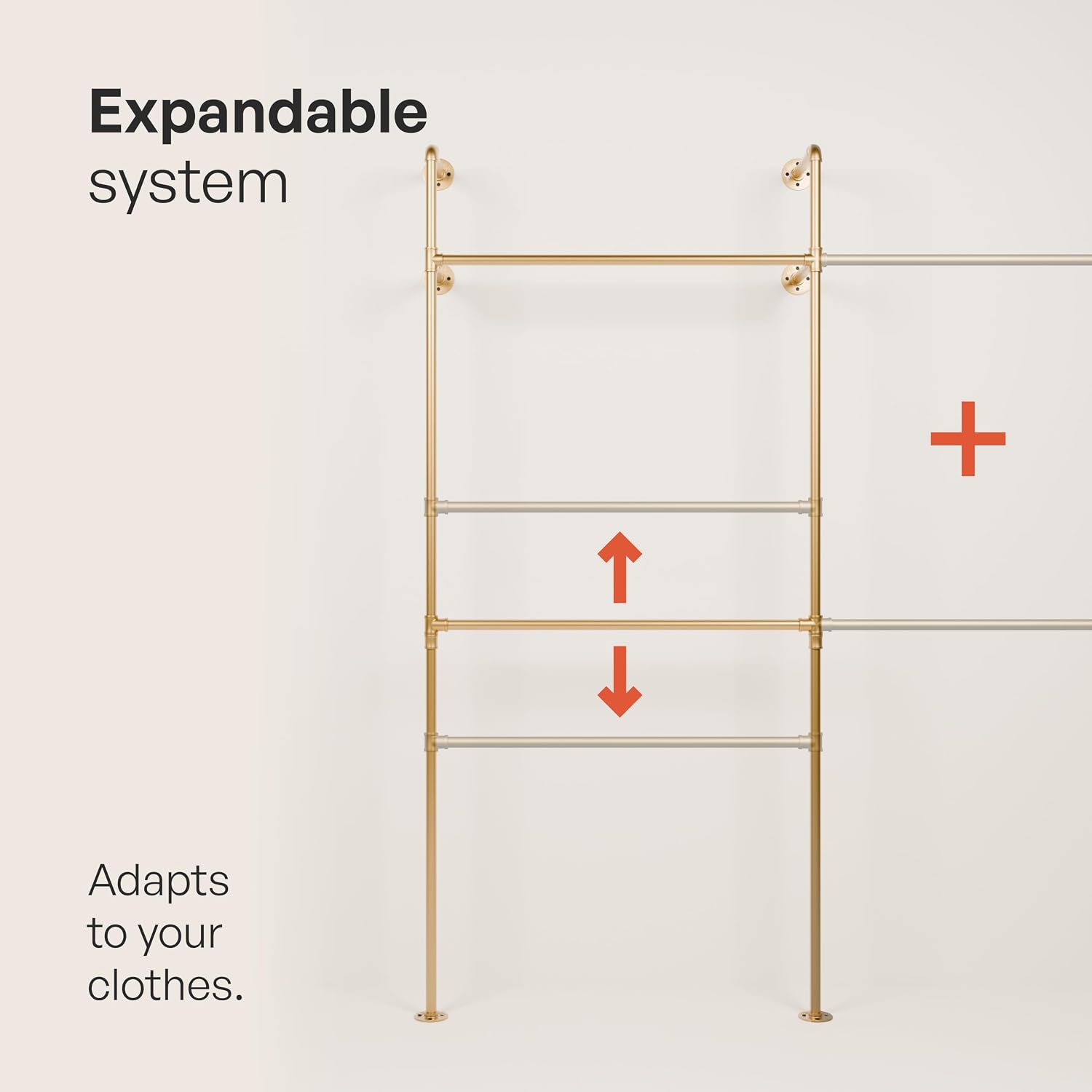 pamo Gold Clothing Rack Wall Mounted – Pipe Closet System in Gold Powder-Coated Steel – 79' W × 87' H, 530 lbs – Boutique, Walk-In Closet & Retail