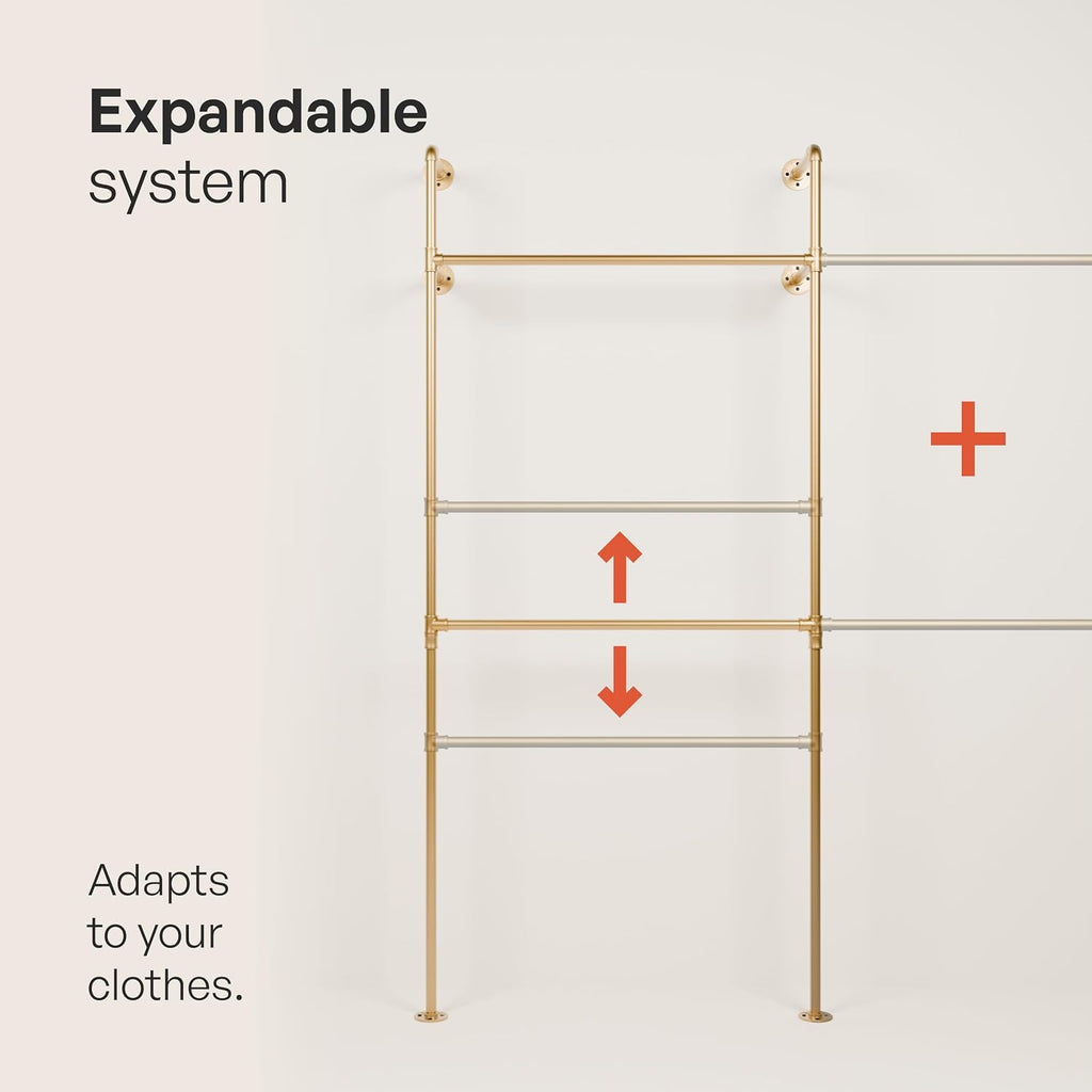 pamo Gold Clothing Rack Wall Mounted – Pipe Closet System in Gold Powder-Coated Steel – 117' W × 87' H, 750 lbs – Boutique, Walk-In Closet & Retail