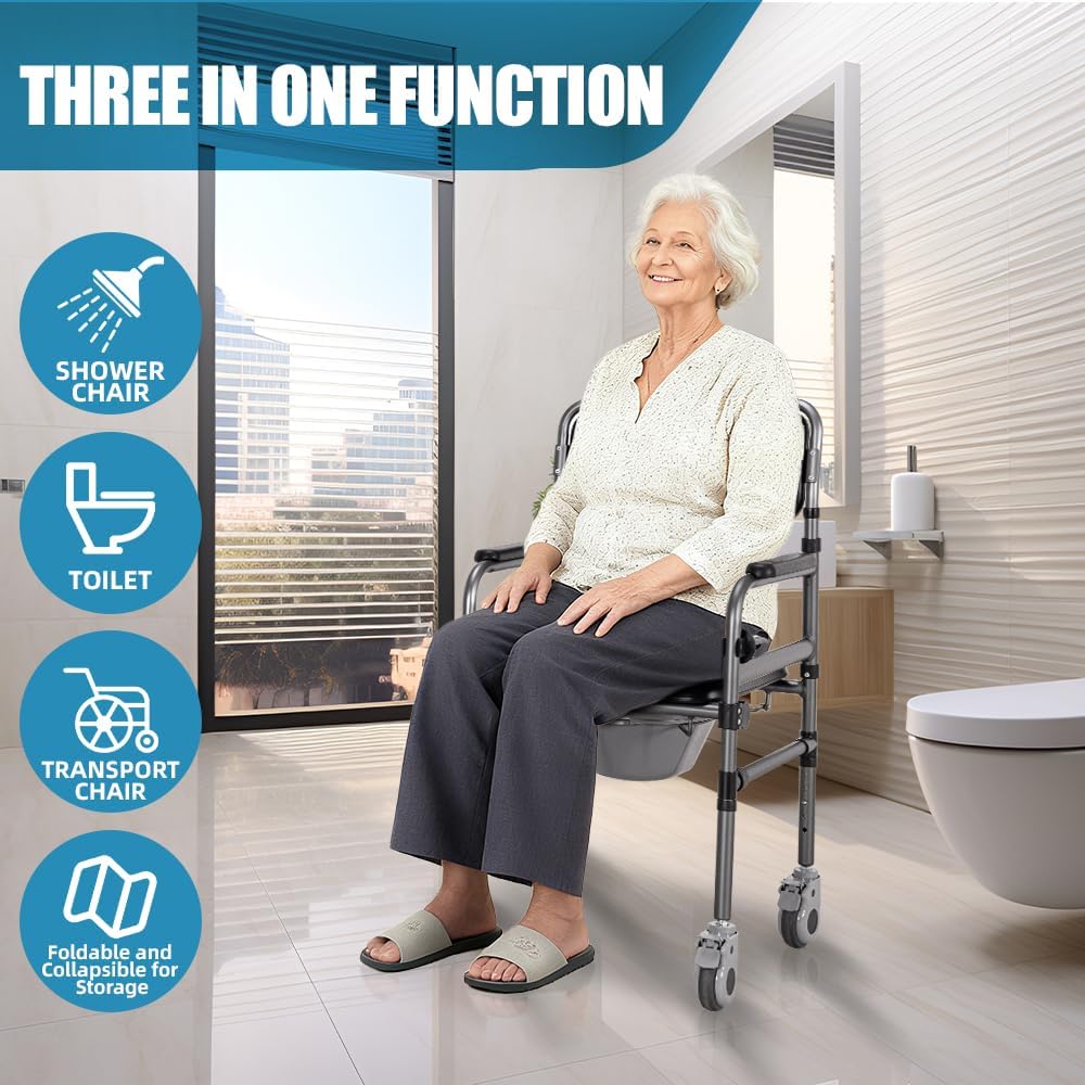 Bedside Commode Chair for Seniors, 3-in-1 Foldable Toilet Chair Wheels 400lbs Heavy Duty, Adjustable Shower Chair PU Seat Backrest, Portable Commode Elderly Disabled, Toilet-Round (OPEN TYPE)
