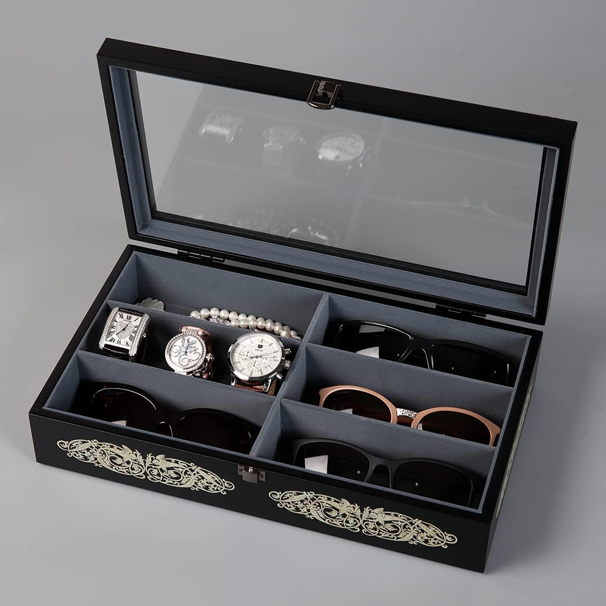 Antique Alive Mother of Pearl Wood Sunglasses Box Eyeglasses Valet Display Storage Case for Glasses, Watches, Jewelry, Trinkets Wooden Accessory Organizer Gift (Archangel Glass Black)
