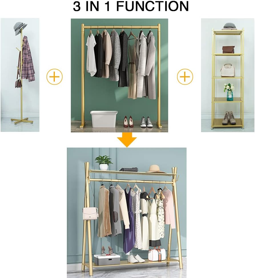 Freestanding Industrial Gold Clothes Rack with Double Shelves, Heavy Duty Movable Coat Rack for Organizing Clothes and Shoes (47'' L)