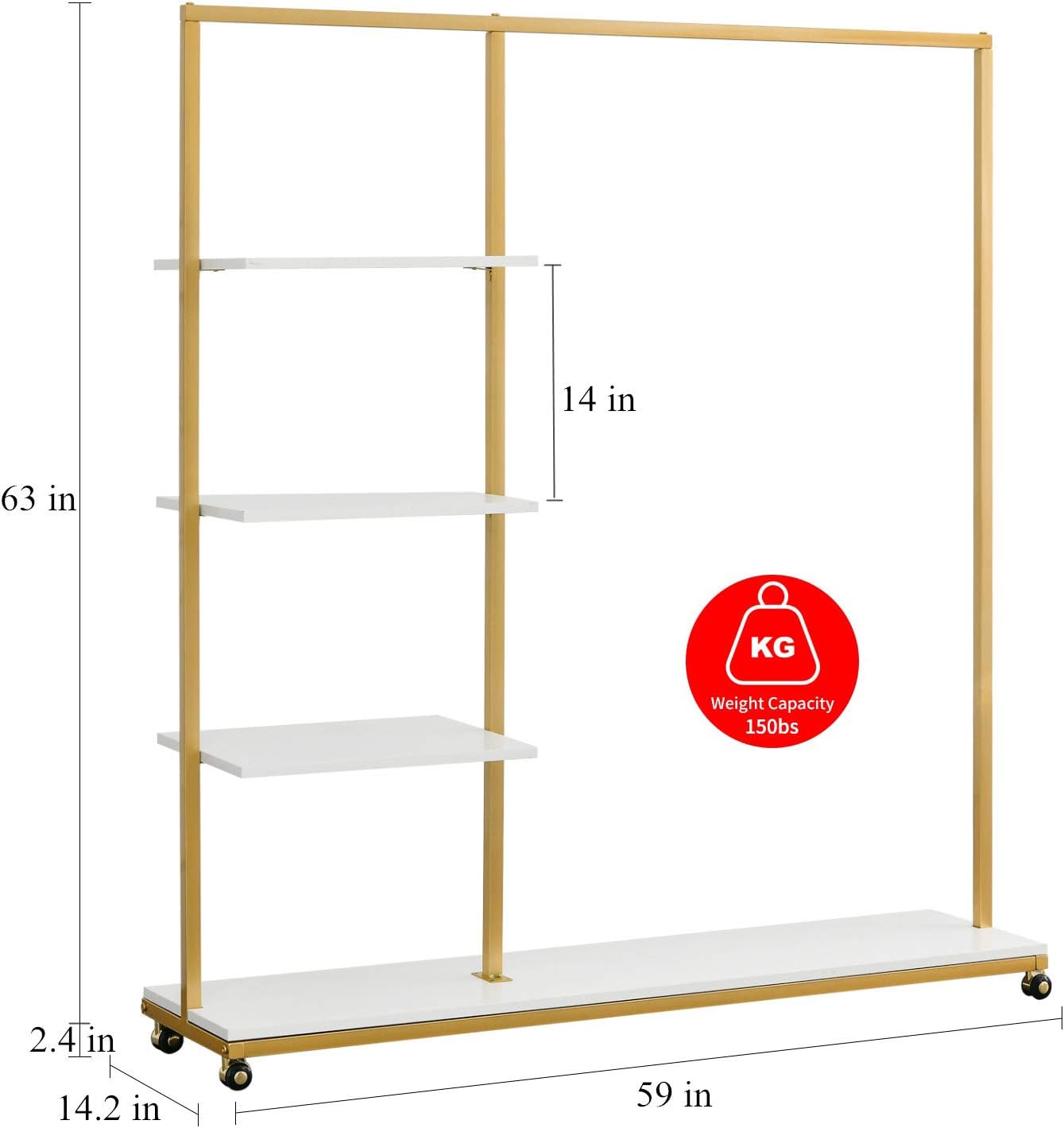 Gold Clothes Racks with 4-Tier Wood Shelves, Modern Freestanding Gold Clothing Racks for Hanging Clothes Display Racks,Rolling Clothing Racks for Boutique, Cloth Store