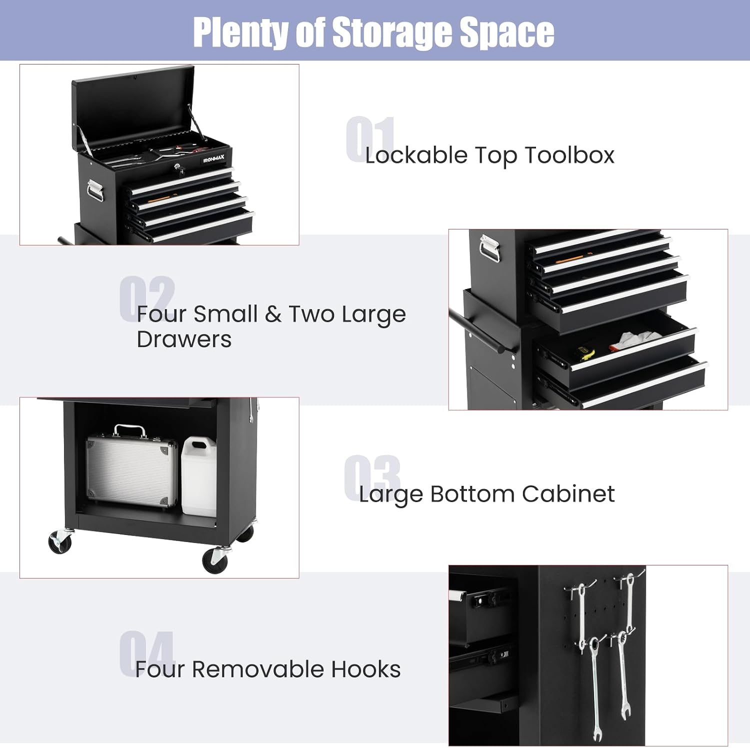 IRONMAX Rolling Tool Chest, 6-Drawer Lockable Tool Cabinet w/ 4 Universal Wheels, 2 in 1 Detachable Tool Box Storage Organizer for Garage Workshop Repair Shop (6-Drawer, Black)