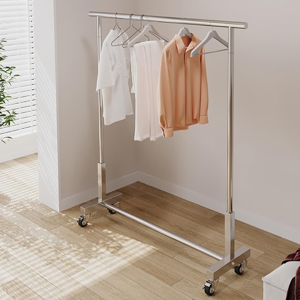 Steel Clothing Garment Rack with Wheels, Single Rail for Hanging Clothes, Heavy Duty Rolling Clothes Rack for Bedroom, Laundry Room, Silver (Color : Silver, Size : 60x40x130cm)