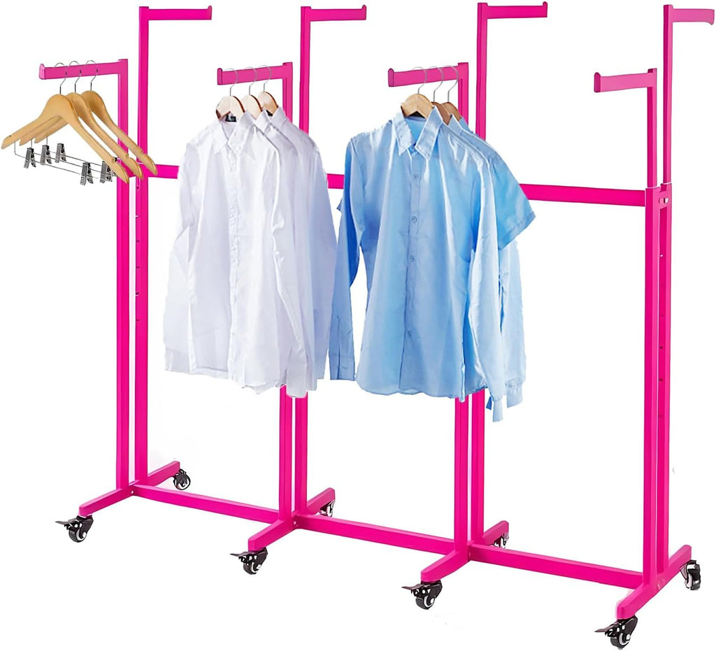Floor Standing Metal Garment Rack - Heavy Retail Display Racks With Wheels, 8 Arms Clothing Rack, Square Tubing Portable Shirt Rack, Merchandise Display RackFor Hanging Clothes (L-Pink)