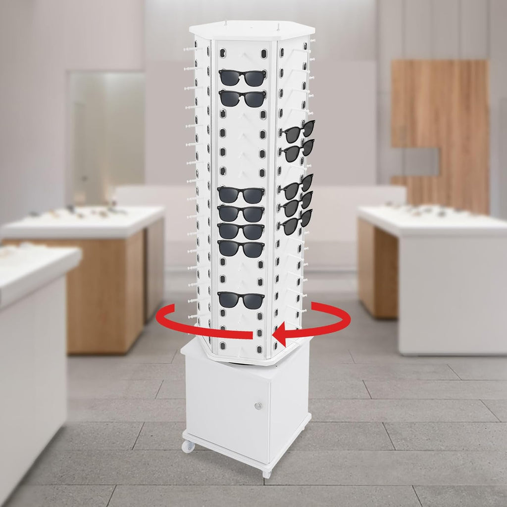 102 Pairs Glasses Sunglasses Display Stand, 360° Rotating Glasses Storage Display Rack with Cabinet, Floor Sunglasses Display Rack with Wheels, 66.14in Height with Wheels (White)