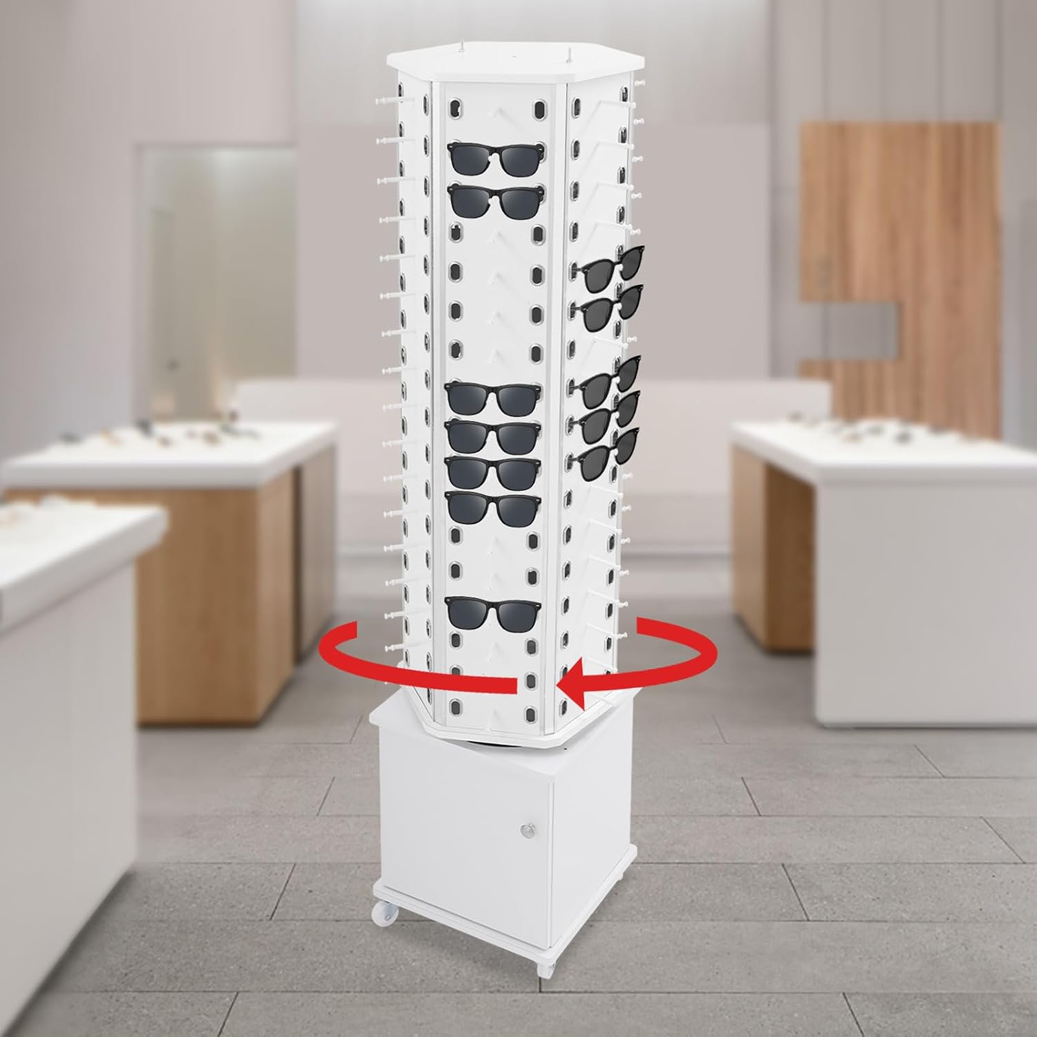 102 Pairs Glasses Sunglasses Display Stand, 360° Rotating Glasses Storage Display Rack with Cabinet, Floor Sunglasses Display Rack with Wheels, 66.14in Height with Wheels (White)