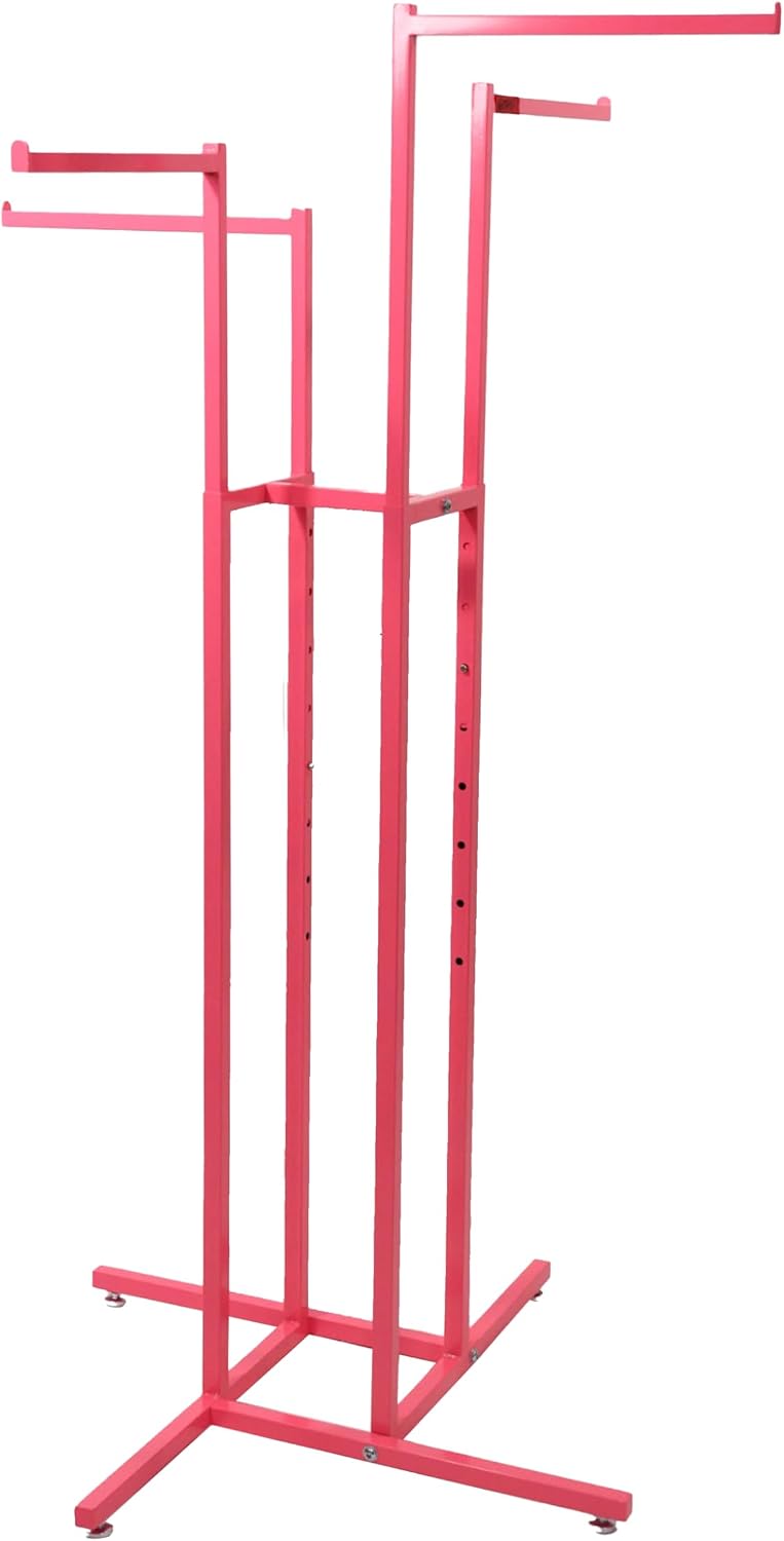 SSWBasics Hot Pink 4-Way Clothing Display Rack With Straight Arms- Durable Retail Clothing Rack for Boutique, Retail, and Thrift Stores - Sleek and Stylish Garment Display Stand