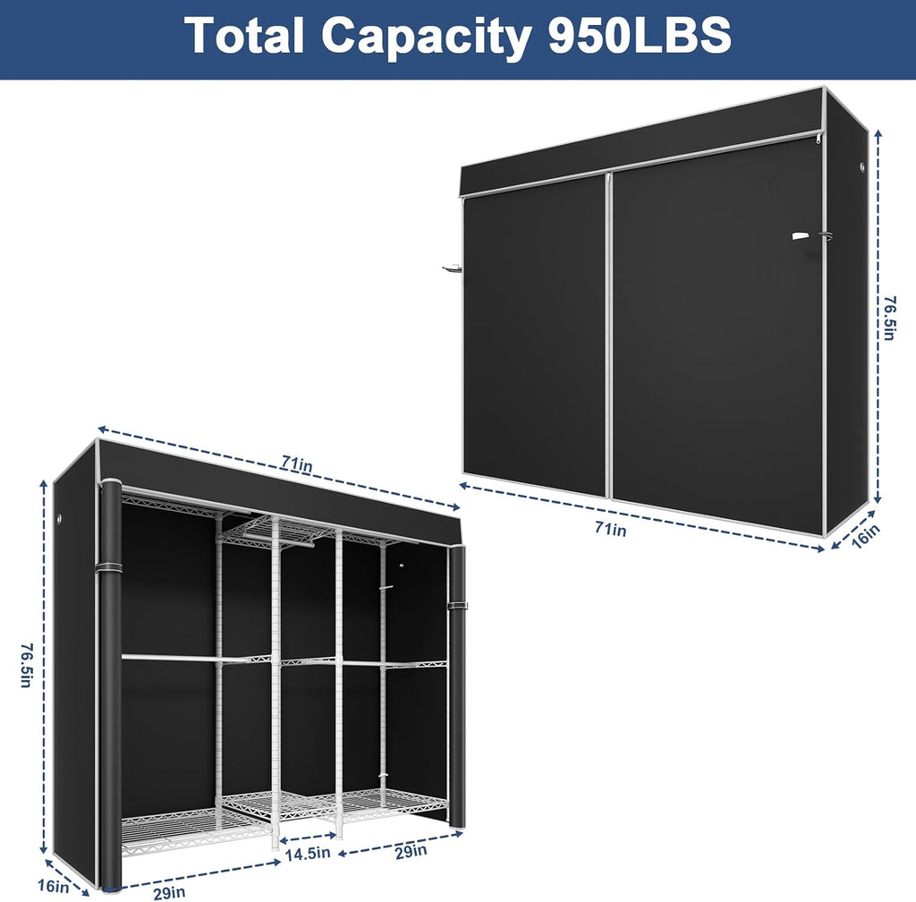 Ulif E12C Pro Heavy Duty Closet Organizer System，Freestanding Clothing Racks for Hanging Clothes，Adjustable Garment Rack 71'W x 16'D x 76.5'H Hold 960lbs，White Clothing Rack with Black Dustproof Cover