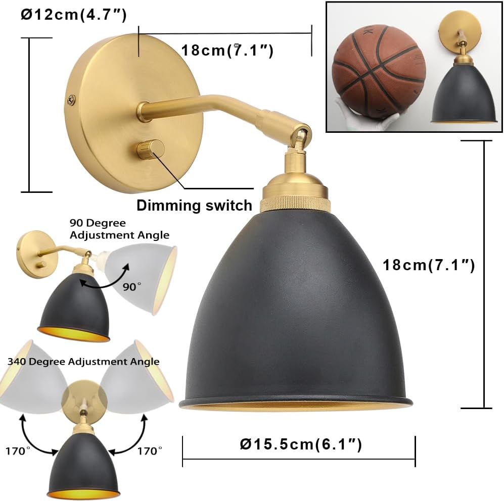 Yosoan Vintage Wall Sconce Bookcase Light, 2-Pack Dimmable On Off Switch Industrial Mount Metal Fixture Lighting with 6.1' Oval Black Metal Shade in-Build Gold and Antique Canopy Reading Lamp