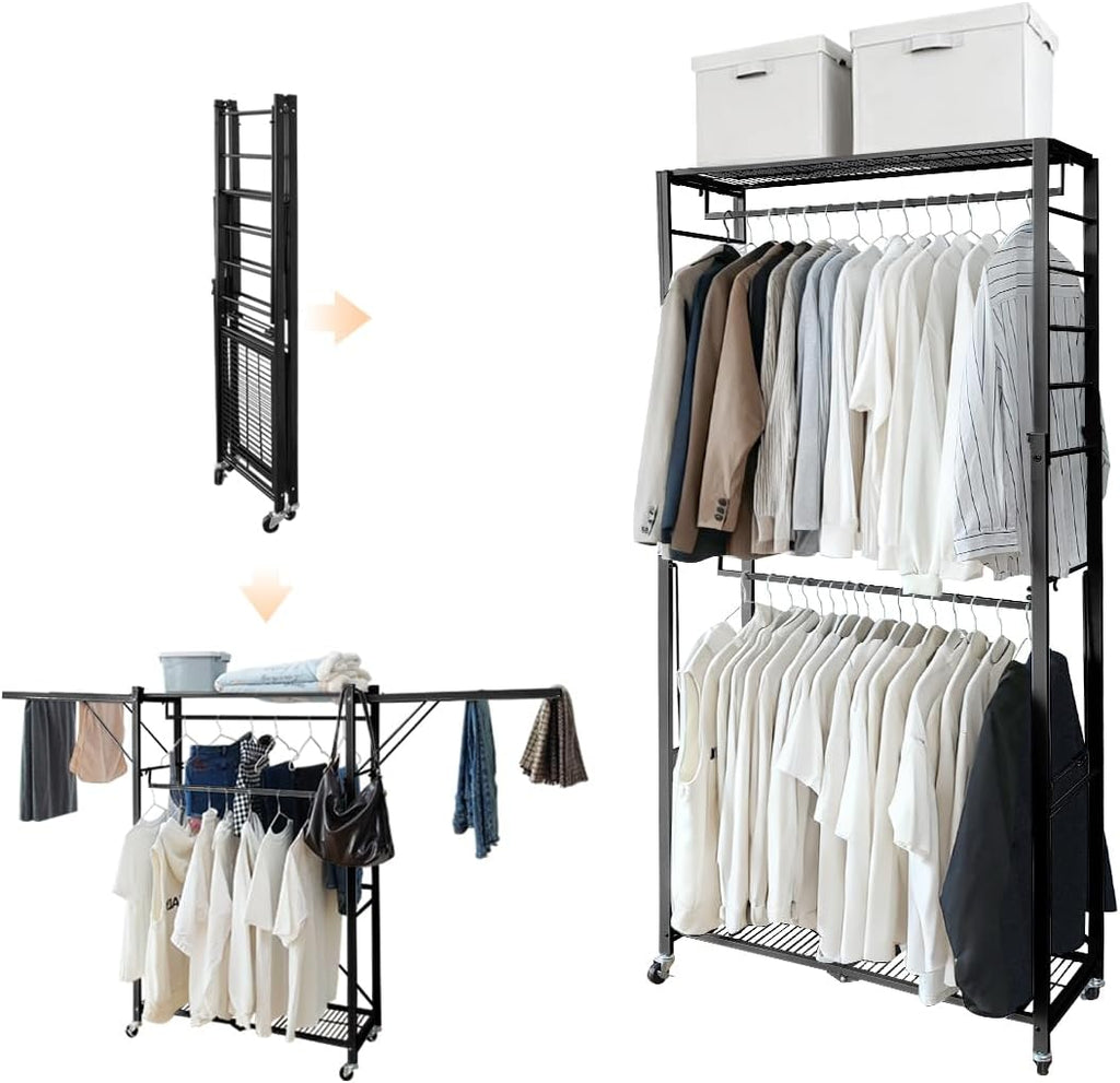 lumizone Folding Clothing Rack with Wheels Expandable Wardrobe Portable Clothes Rack for Hanging Clothes Adjustable Closet Shelves Garment Rack Durable Closet Racks for Hanging Clothes (Pro Black)