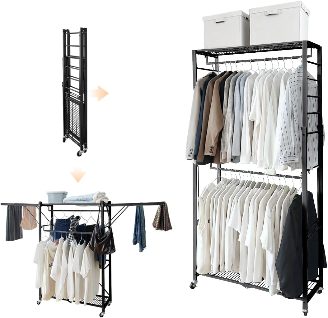 lumizone Folding Clothing Rack with Wheels Expandable Wardrobe Portable Clothes Rack for Hanging Clothes Adjustable Closet Shelves Garment Rack Durable Closet Racks for Hanging Clothes (Pro Black)