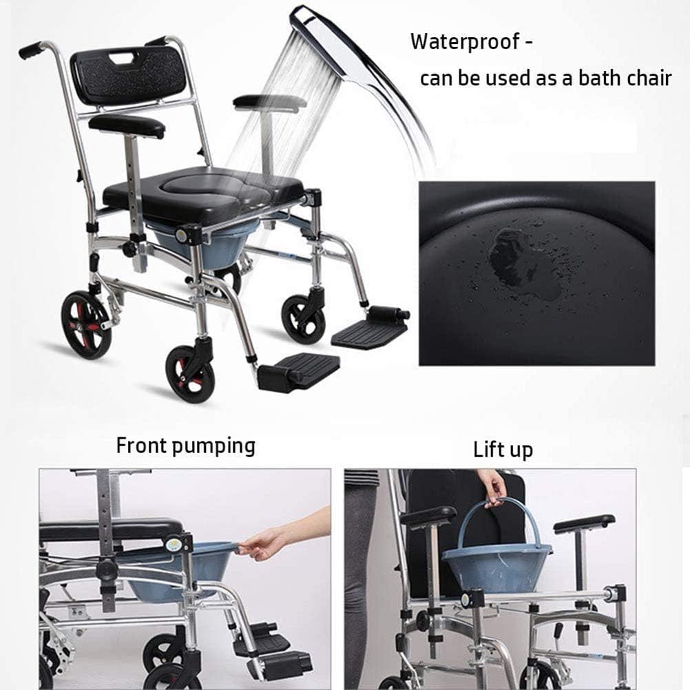 Adjustable Folding Bedside Commode Chair with Wheels Drop Arm & Safety e Portable Toilet Seat for Elderly Seniors & Disabled – Shower & Bathroom Use