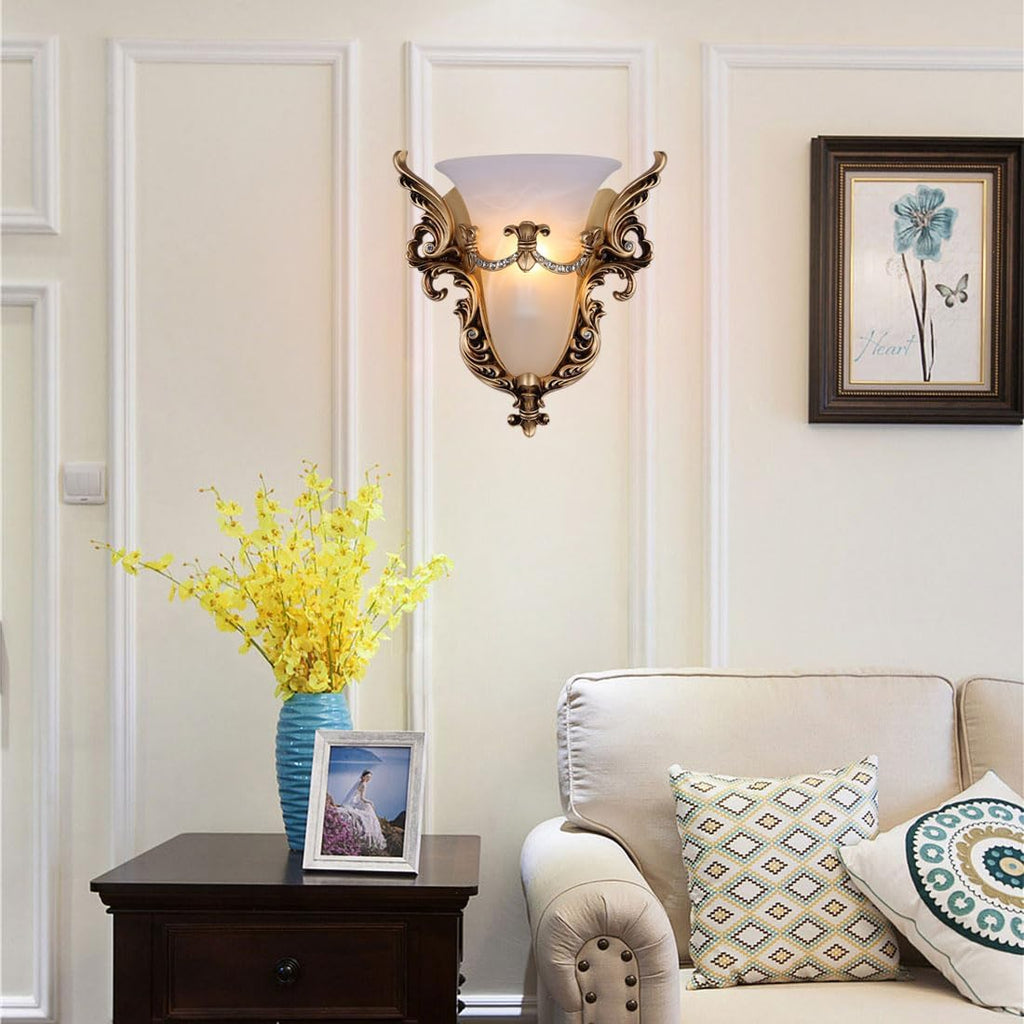 Wall Sconce Light Fixture Gold Wall Sconces Set of Two Unique Angel Wings Style White Glass Wall Light Vintage Antique Wall Lights Resin Wall Lamp for Living Room Hallway Bedroom