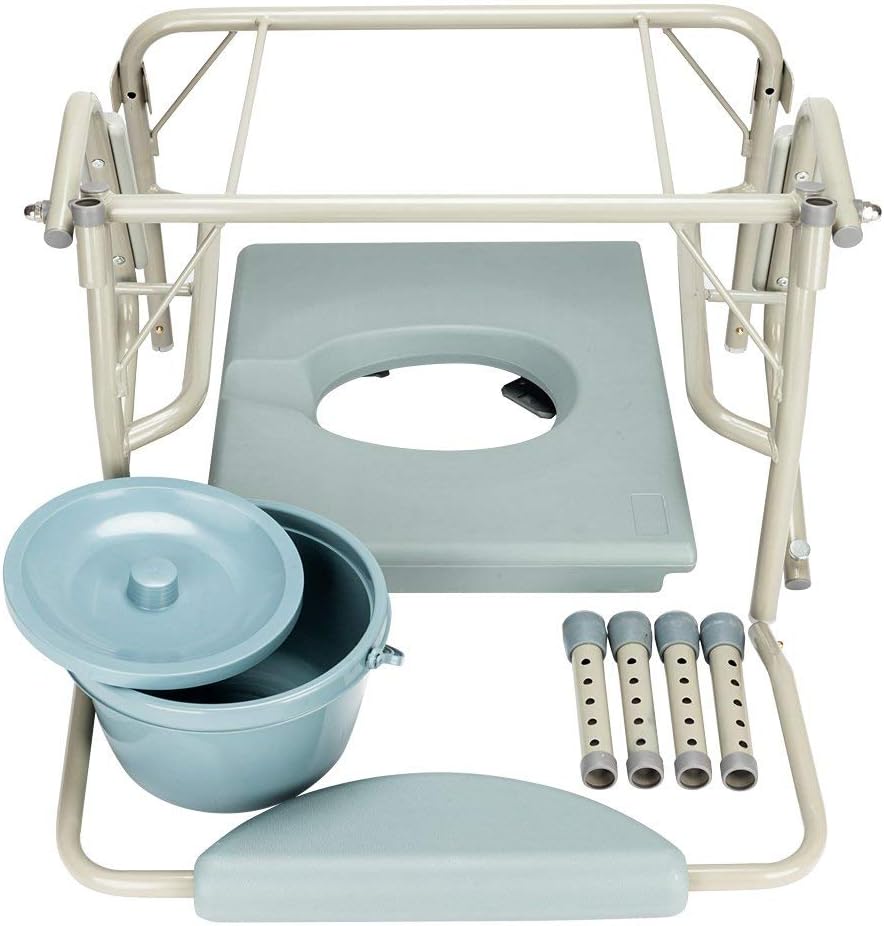 Heavy Duty 550 lbs Medical Bedside Commode Chair, Adjustable Height Toilet Seat with Steel Frame, Tool-Free Assembly, 6 Quart Capacity Pail, Homecare Safety, Blue Grey