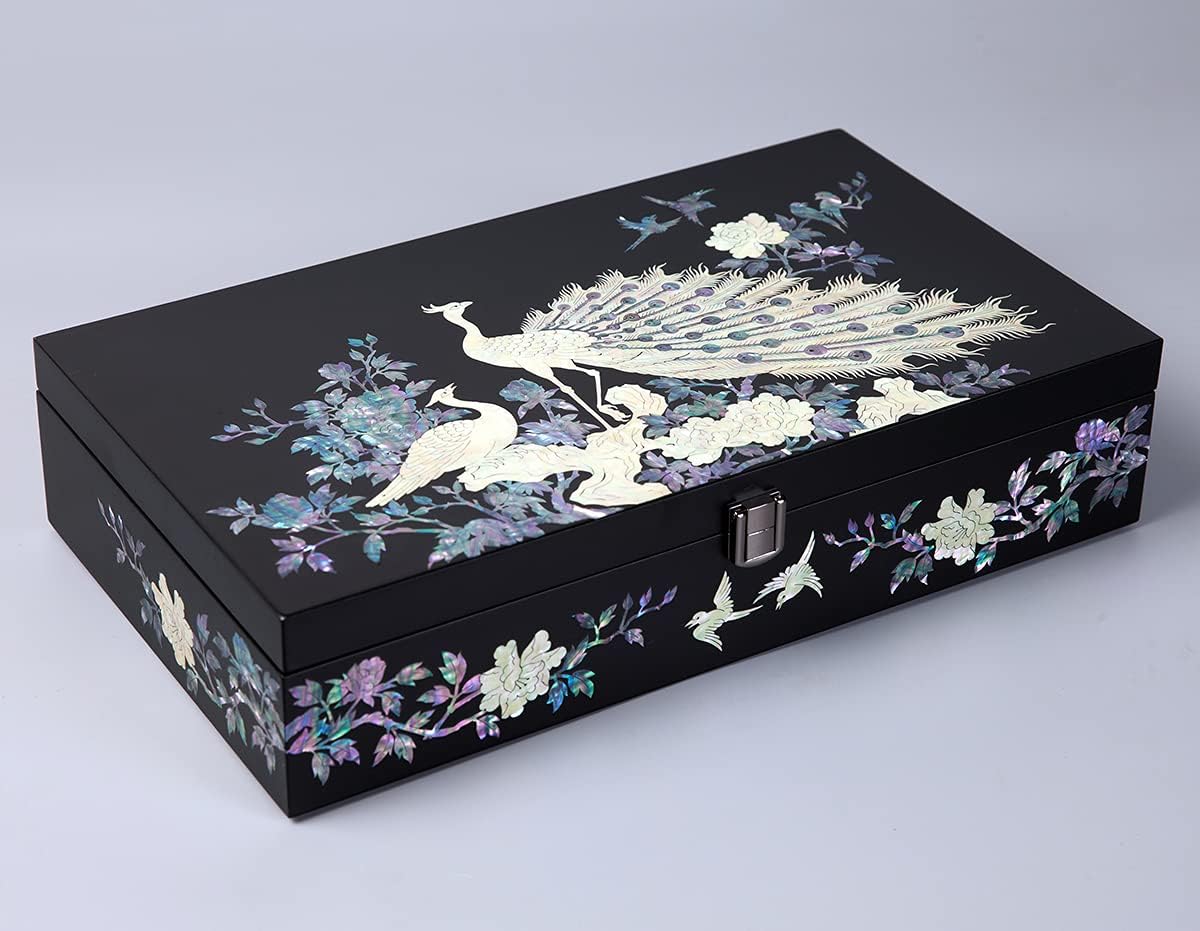 Antique Alive Mother of Pearl Wood Sunglasses Box Eyeglasses Valet Display Storage Case for Glasses Jewelry Trinkets Accessory Organizer (Peacock Black)