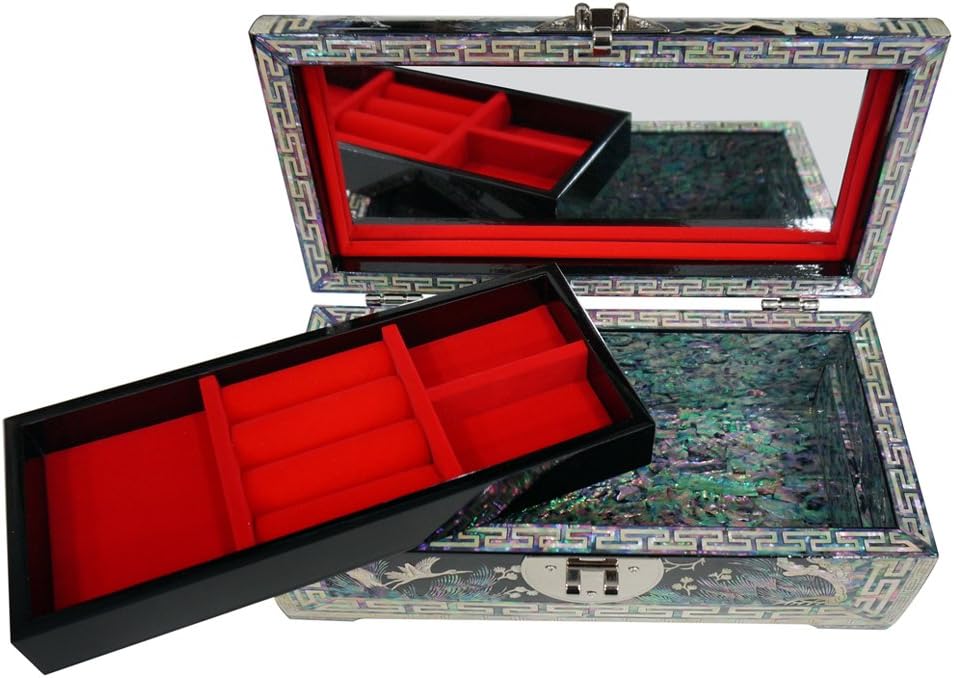 Mother of Pearl Asian Black Lacquer Wood Jewelry Trinket Keepsake Treasure Box Ring Case Chest Organizer