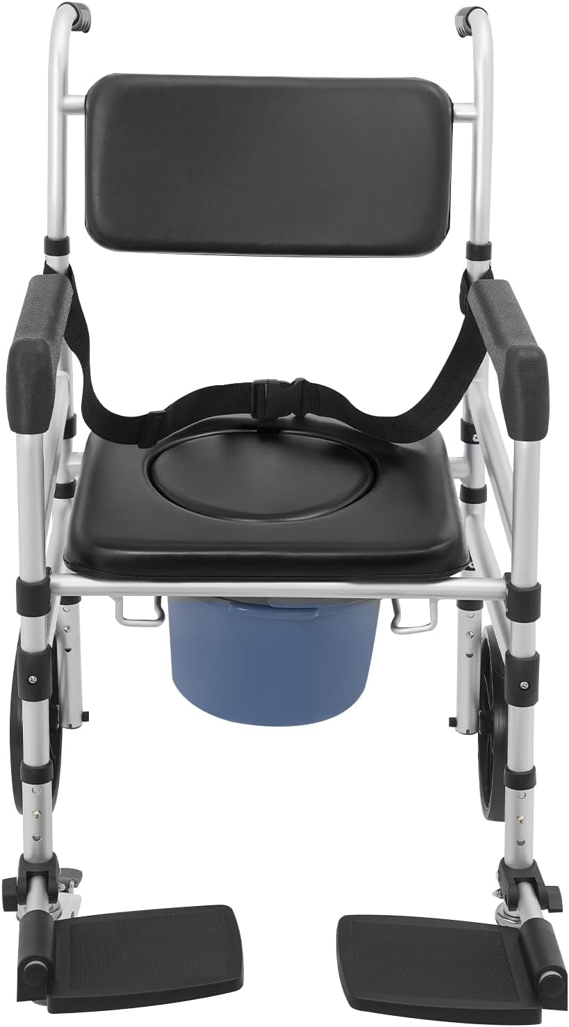 Foldable Shower Chair, Shower Wheelchair with Lockable Wheels Rolling Bedside Commode for Toilet with Height Adjustable & Sponge Padded Seat for Elderly and Disabled Support 330lbs (O-S)