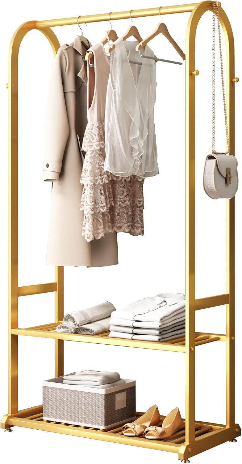 Gold Clothing Rack,Metal Garment Rack with Bottom Storage Shelves and 6 Side Hooks,modern Sturdy clothes racks for hanging clothes,Freestanding Wardrobe Rack for Bedroom or Boutique (L:31.5in)