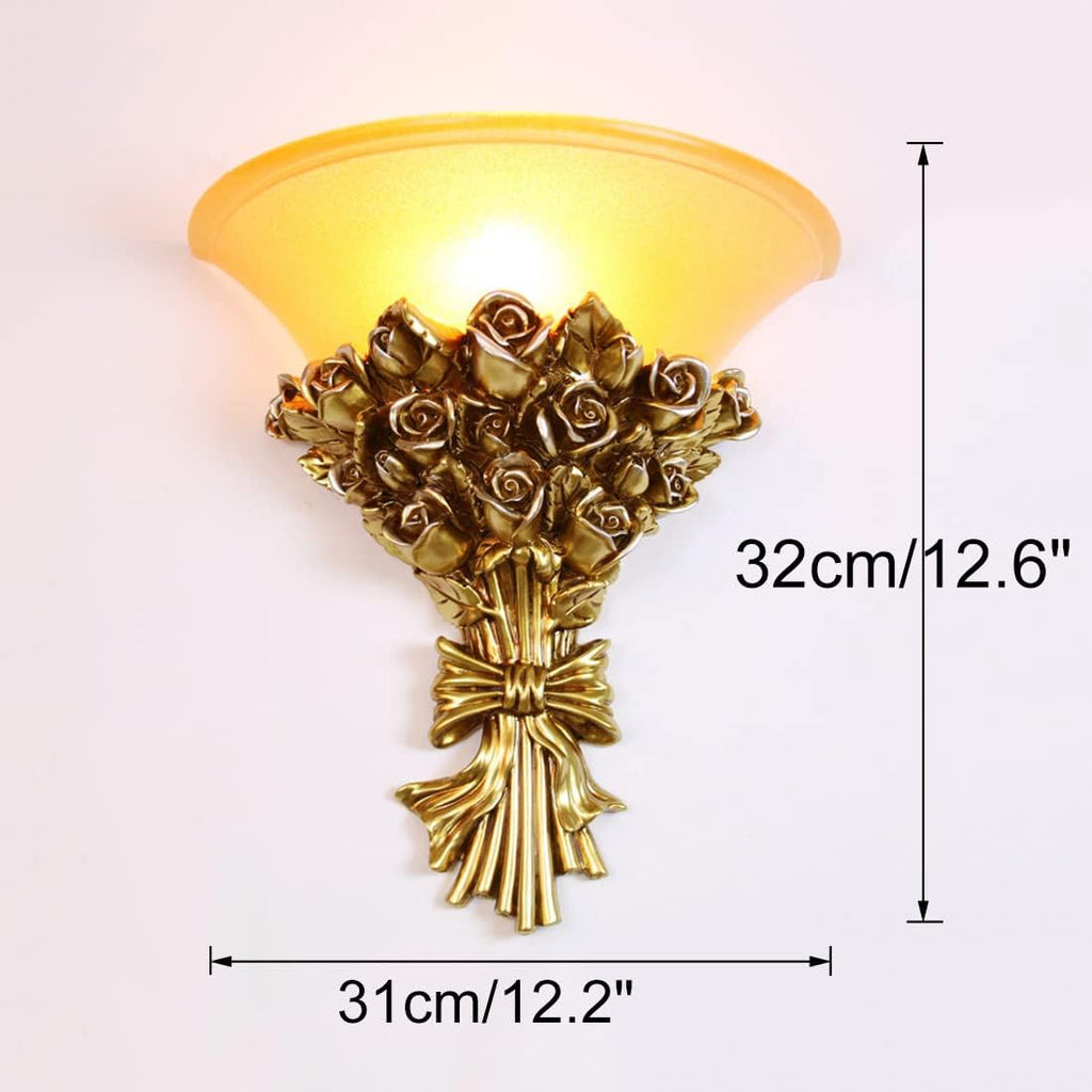 Vintage Wall Sconce Roses 1-Light Antique Gold Wall Sconce with Frosted Glass Shade, Unique Resin Golden Flower Style Mid Century Modern Wall Light for Living Room Hallway Bedroom
