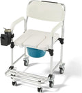 4-in-1 Bedside Commode Chair, Shower Wheelchair for Elderly and Disabled, Rolling Transport Toilet Chair with 4 Lockable Wheels, Anti-Tipping Rollout Footrest, Full Accessory Pack, White