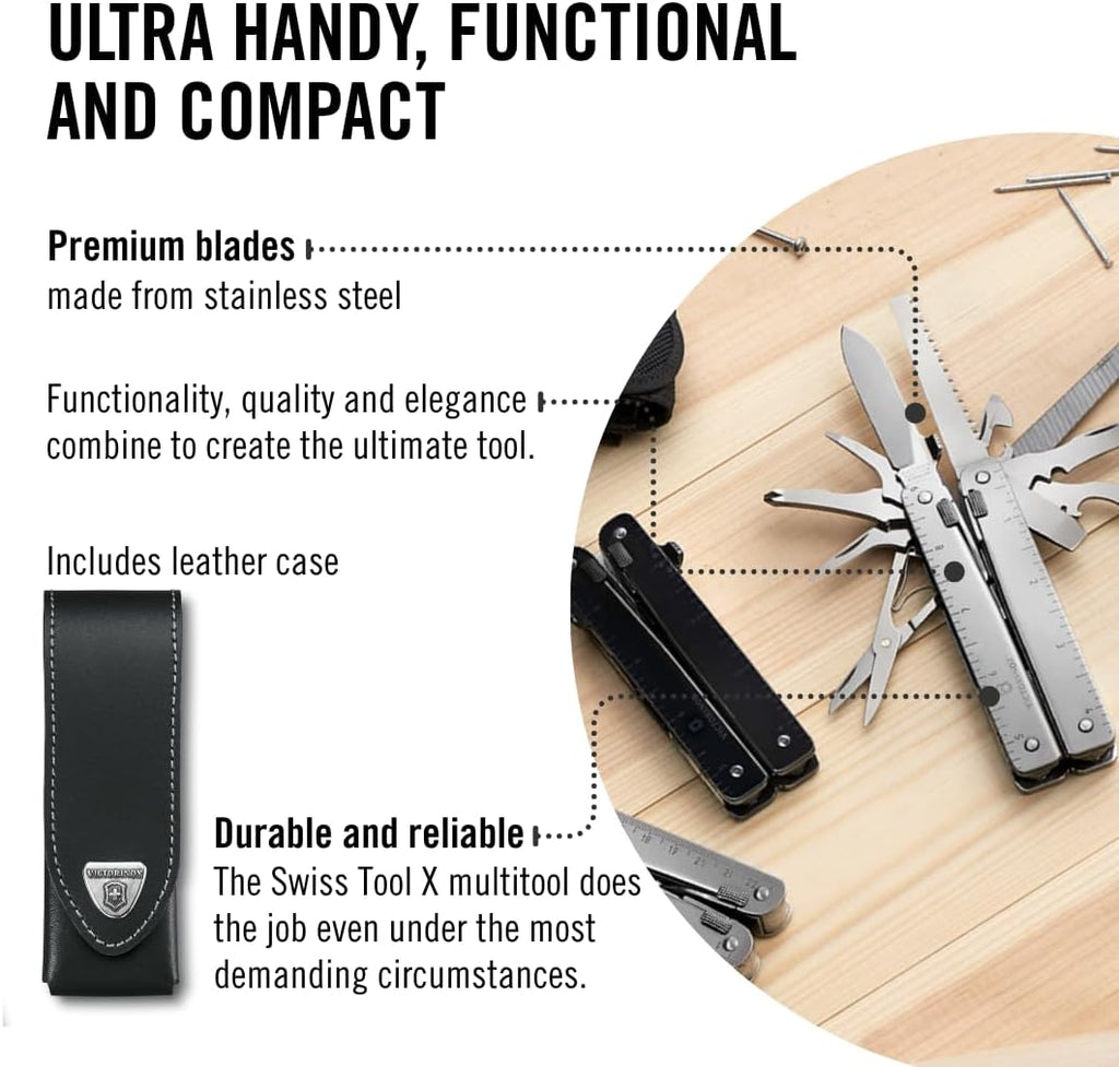 Victorinox Swiss Tool X Swiss Army Knife, 26 Function Swiss Made Multitool with Large Blade, Pliers and Wire Cutter - Silver with Leather Pouch