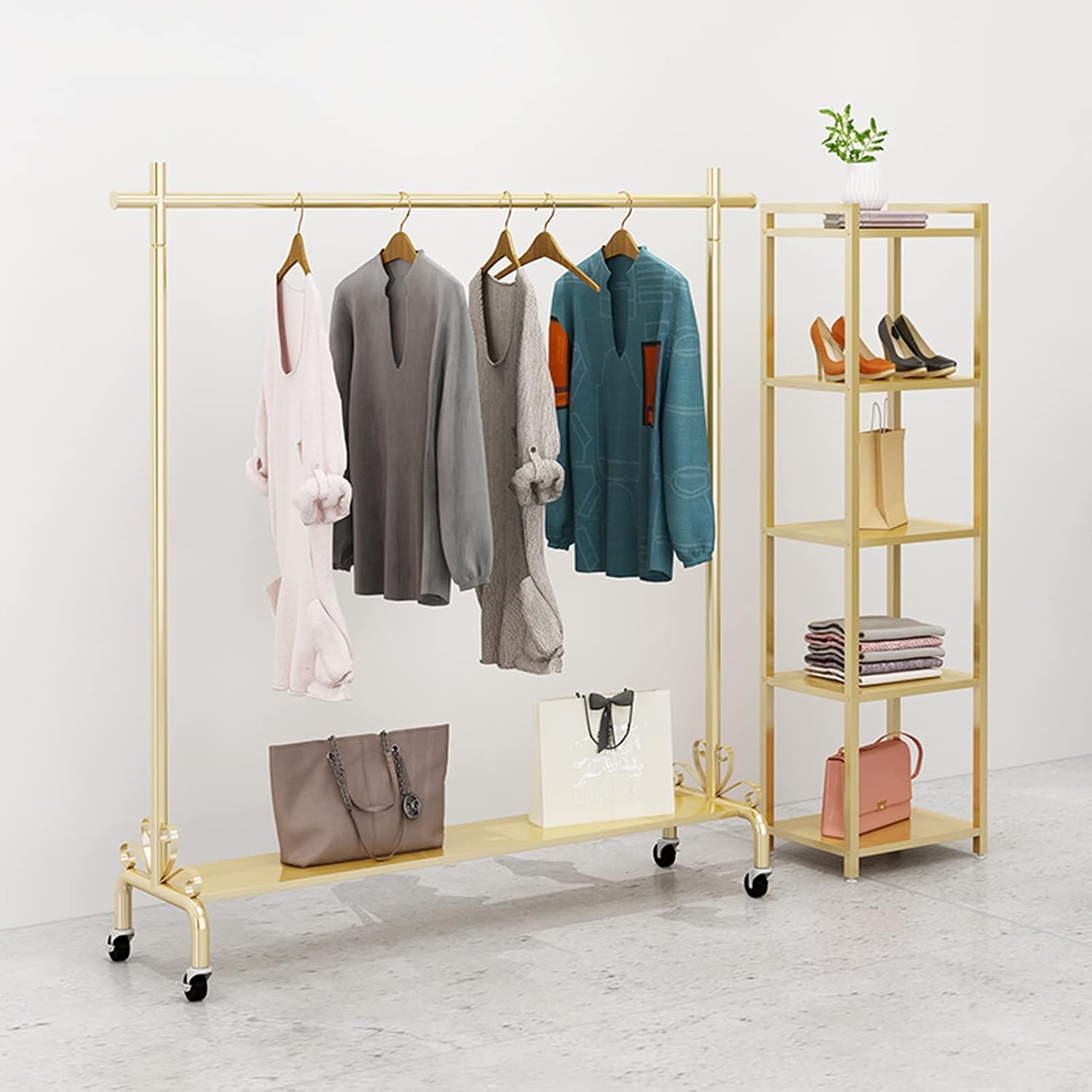 Clothing Rack Fashion Style Gold Clothing Rack with Shelf Heavy Duty Metal Rolling Garment Rack with Wheels for Bedroom Retail Boutique (Size : 90x40x155cm)