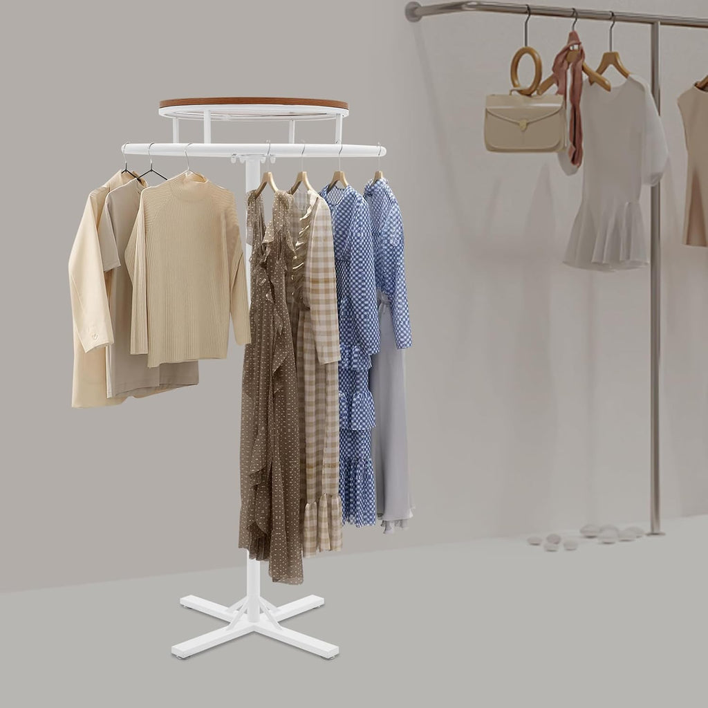28 * 51 inch Retail Clothing Garment Racks with Display Table, White 360° Rotatable Floor-Standing Clothes Storage Rack for Bedrooms Boutiques Retail Commercial Shop Laundry Room