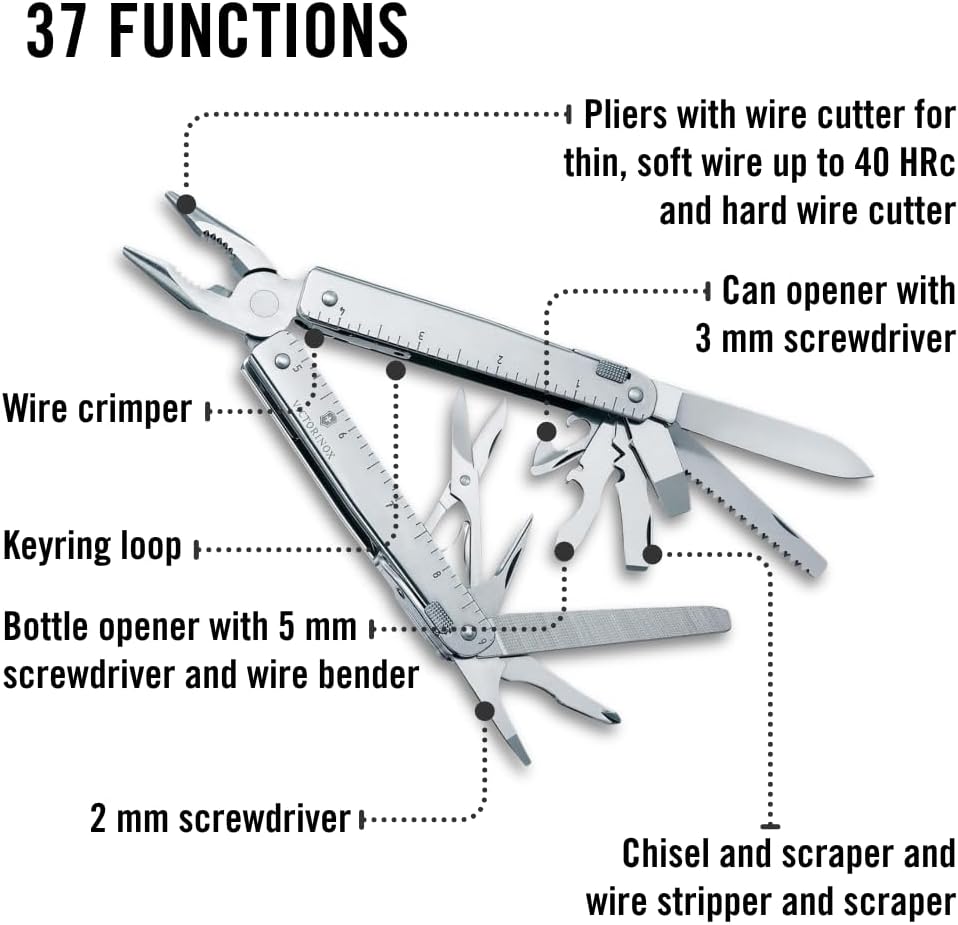 Victorinox Swiss Tool X Plus Ratchet Swiss Army Knife, 35 Function Swiss Made Multi-Tool with Needle-nose pliers, Wire Cutter, Crate Opener and Large Blade - Silver