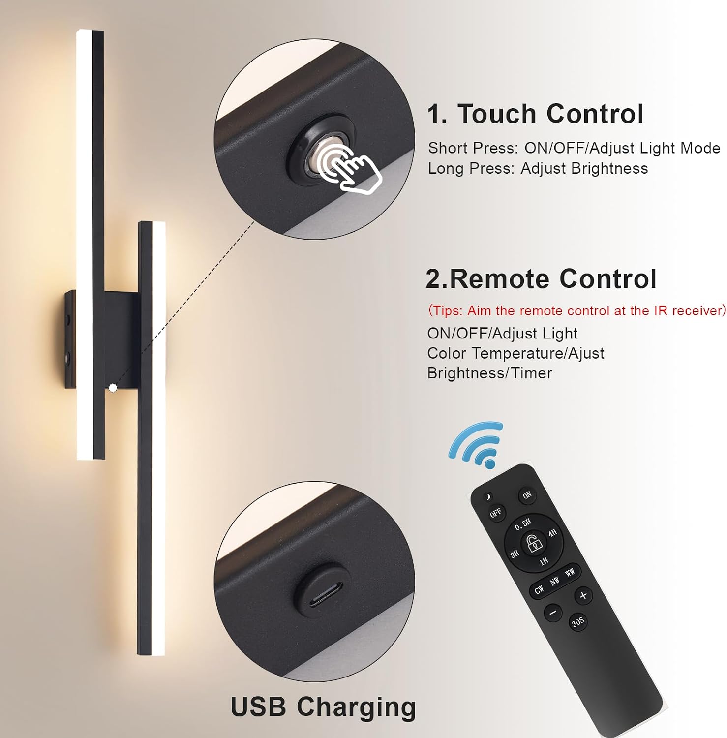 Modern Battery Operated Wall Sconce Set of 2,Dimmable Rechargeable Indoor Led Wall Sconce Lighting,Black Wireless Wall Lamps with Remote Control for Living Room Bedroom Bathroom Hallway