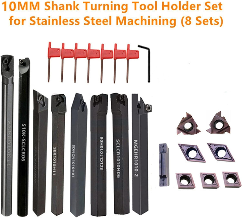 8Sets of 10MM CNC Lathe Turning Tool Holder Boring Bar with Applicable Inserts and Wrenches Set for Turning Threading(8Sets for Stainless)