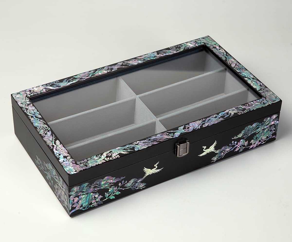 Antique Alive Mother of Pearl Wood Sunglasses Box Eyeglasses Valet Display Storage Case for Glasses, Watches, Jewelry, Trinkets Wooden Accessory Organizer Gift (Crane & Pine Glass Black)