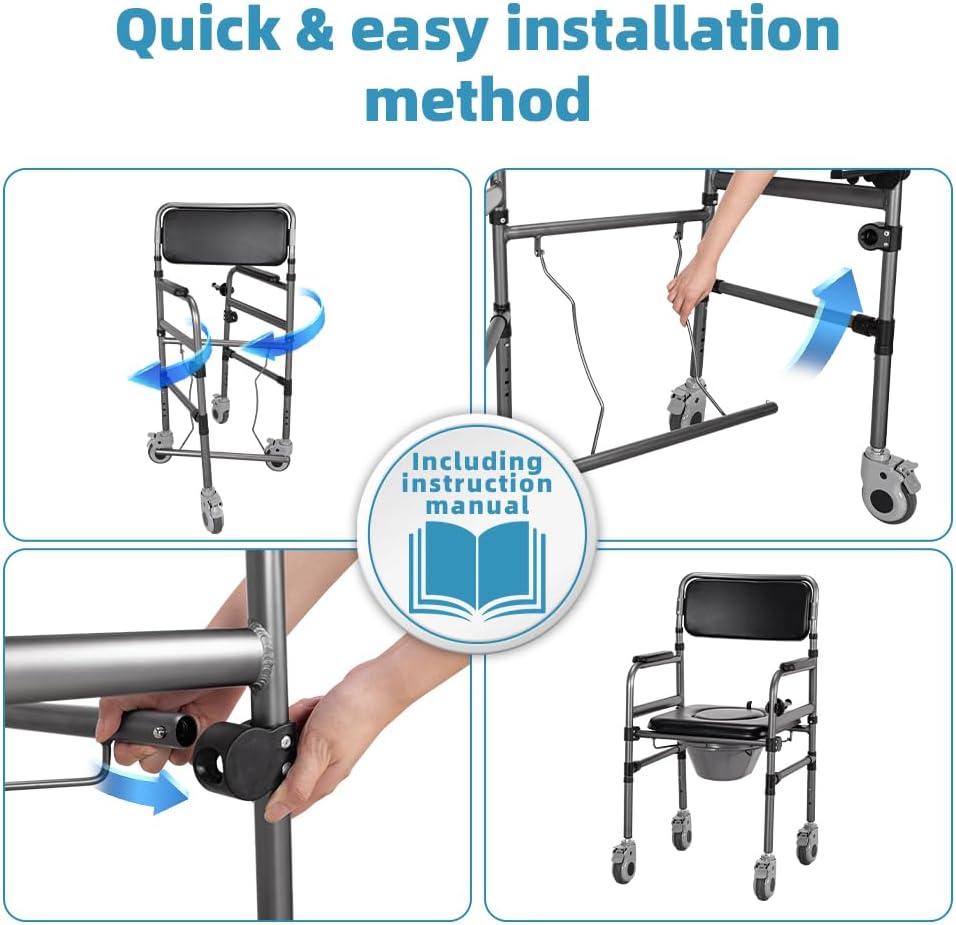 Bedside Commode Chair for Seniors, 3-in-1 Foldable Toilet Chair Wheels 400lbs Heavy Duty, Adjustable Shower Chair PU Seat Backrest, Portable Commode Elderly Disabled, Toilet-Round