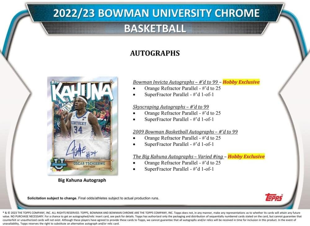 2022-23 Bowman University Chrome Basketball Hobby Box (24 Packs/4 Cards: 2 Autos)