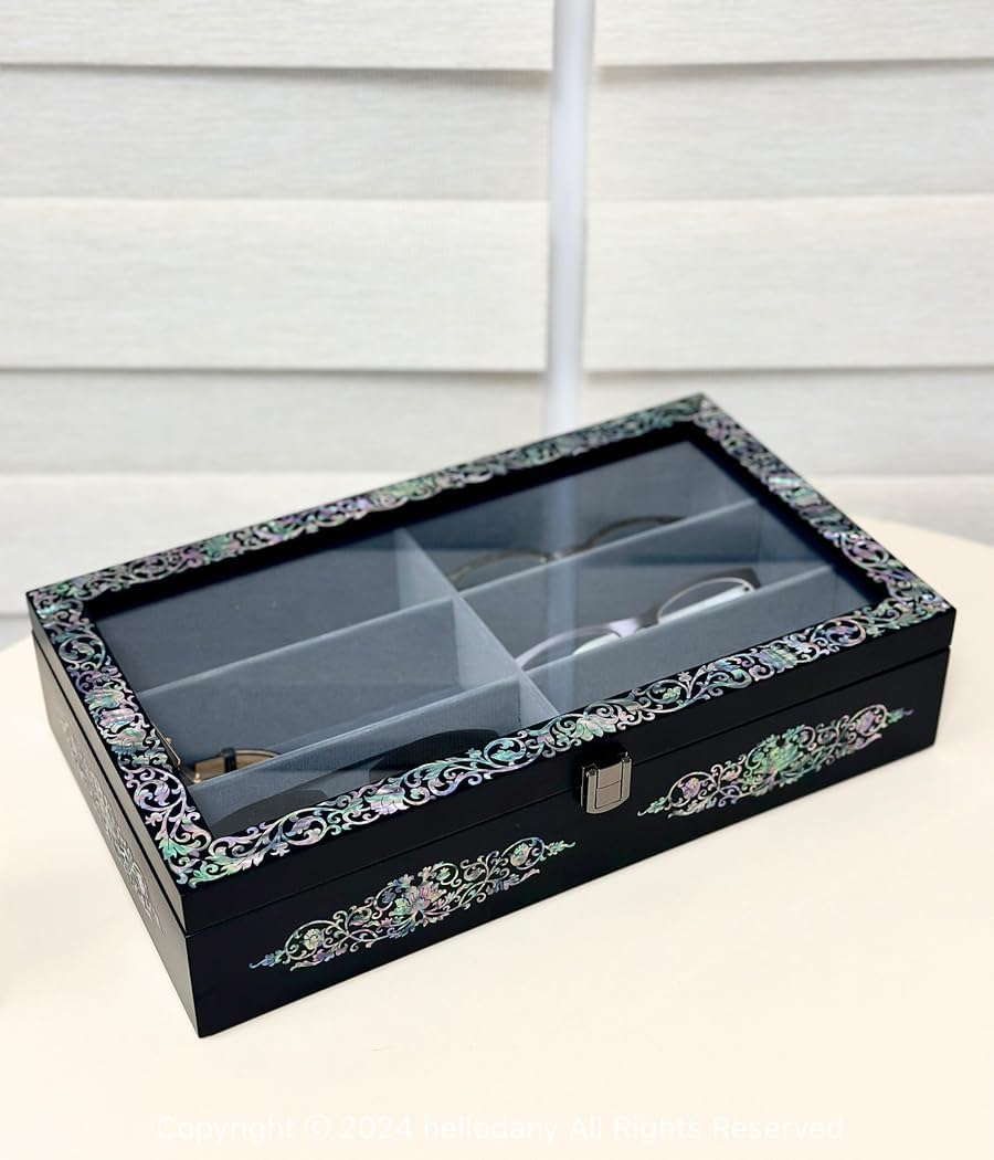 Mother of Pearl Wood Sunglasses Box Eyeglasses Valet Display Storage Case for Glasses, Watches, Jewelry, Trinkets Wooden Accessory Organizer Gift (Arabesque Black)