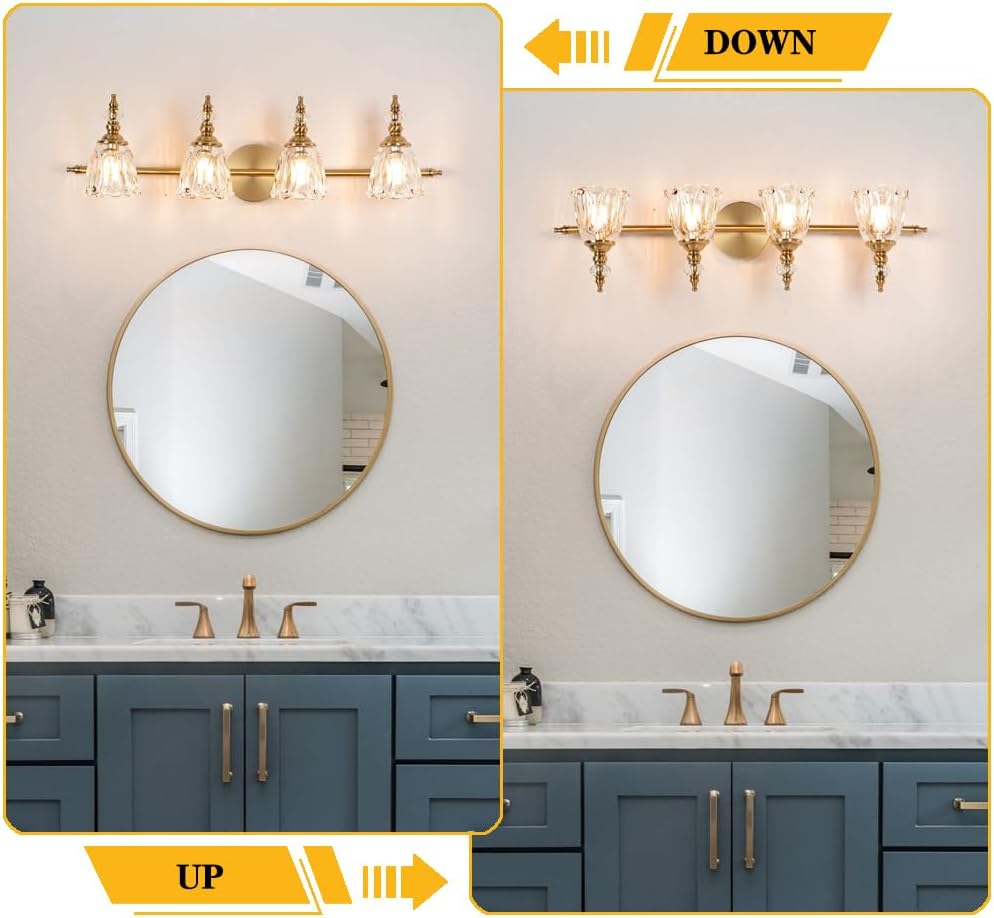 Brushed Antigue Brass Bathroom Light Fixtures 4 Lights, Antique Brass Vanity Light, Vanity Light Over Mirror, Vintage Bathroom Light with Clear Flower Glass, Lights for Wall Interior Hallway