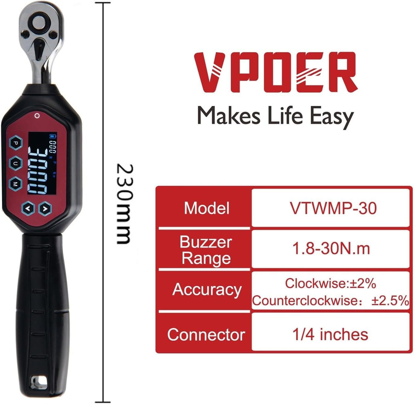 1/4' Digital Torque Wrench, for Bikes -30Nm 22.14 Ft-lbs - Calibrated with Buzzer & LED Upgraded Easy to Use in Dark