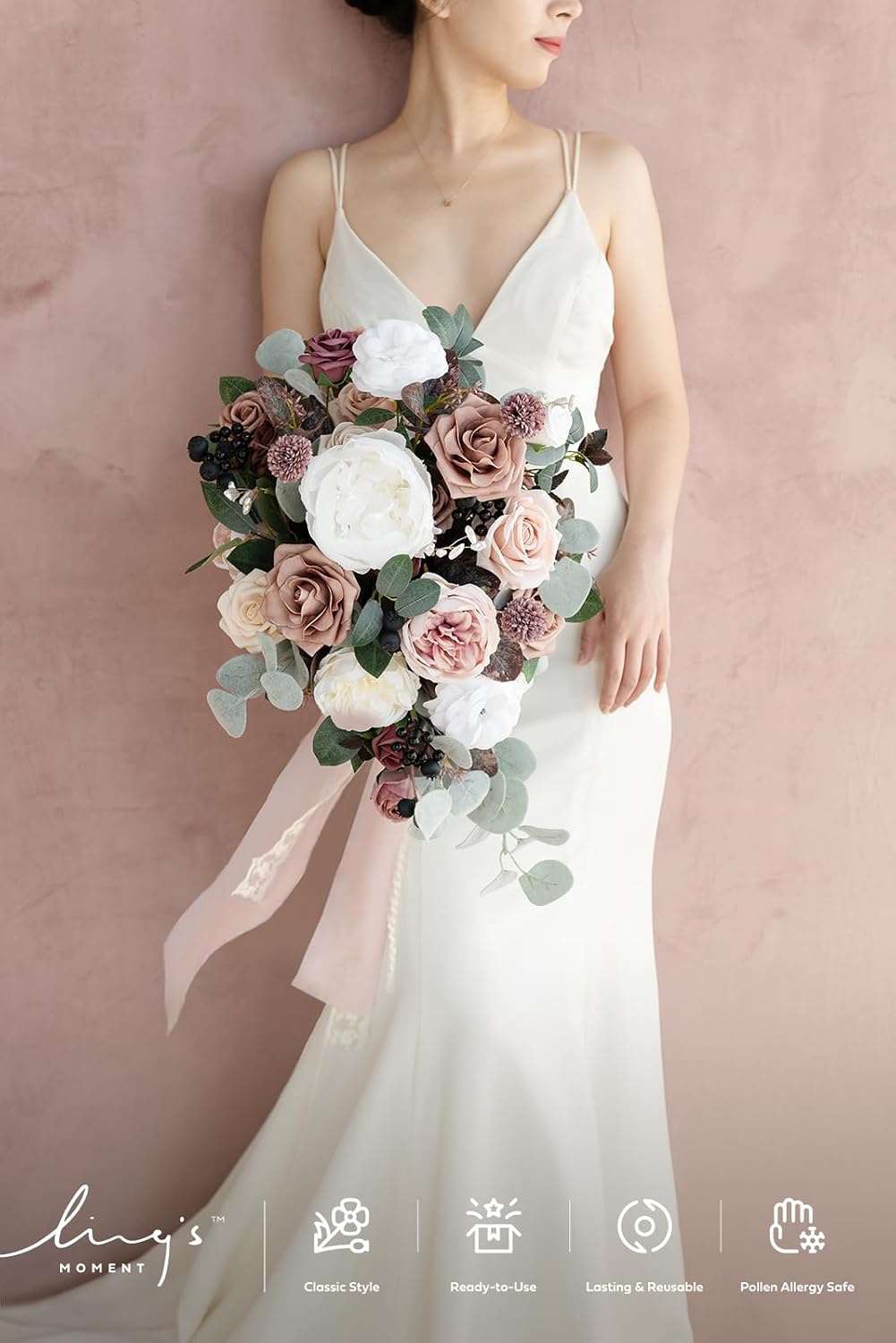 Ling's moment Wedding Artificial Flowers Package, Bridal Bouquet, Bridesmaid Bouquets, Boutonniere for Men, Rose Petals.Dusty Rose Muave