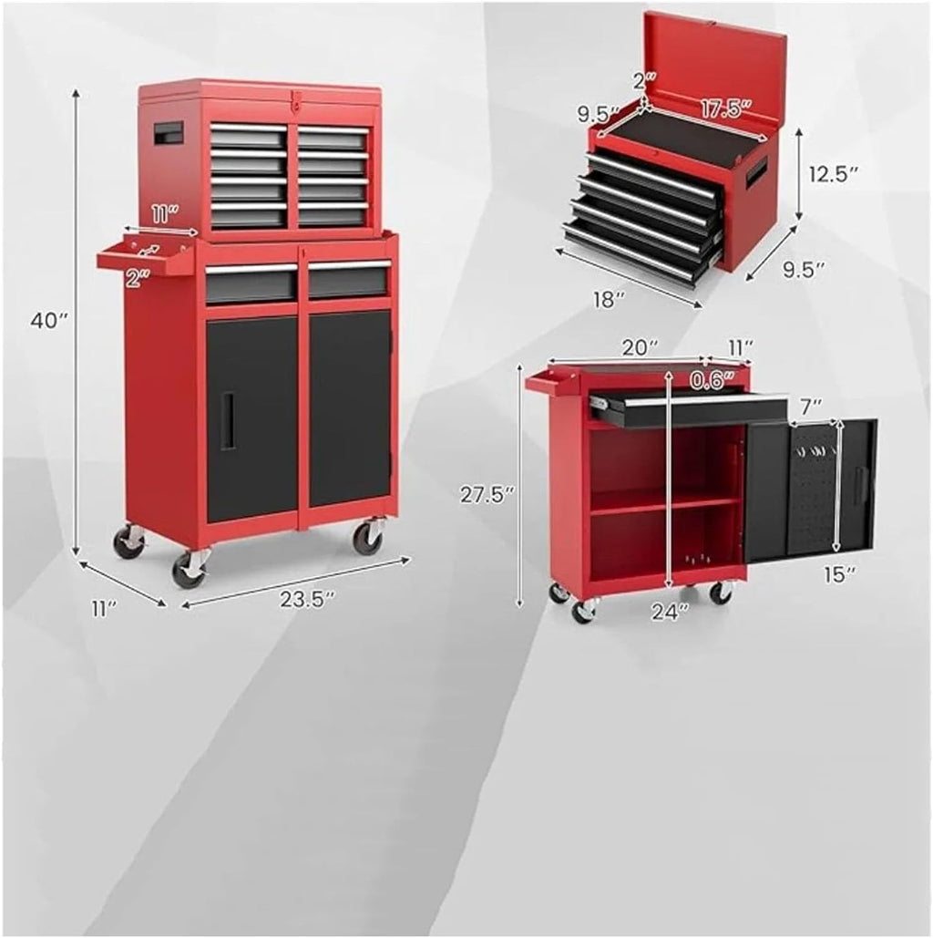Tool Box Rolling Garage Workshop Tool Organizer with Detachable 5 Drawer Tool Chest, Drawer Liners and Wheels - Tool Organizer Box for Garage, Warehouse & Repair Shop Hardware Toolbox(Red)