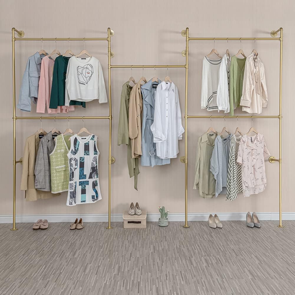 Industrial Pipe Clothing Rack Wall Mounted 5 Hanging Rods Garment Bar, Heavy Duty Closet Storage Rod Vintage Commercial Clothes Racks for Hallway Retail Boutique (Gold)