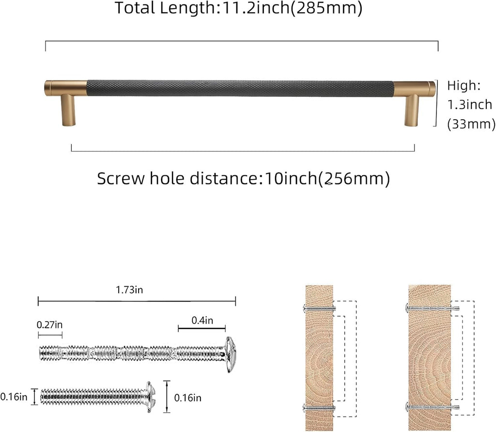 6 Pack 10 Inch Matte Black & Champagne Bronze Knurled Cabinet Handles Stylish Kitchen Cabinet Pulls & Drawer Hardware for Modern Home Décor