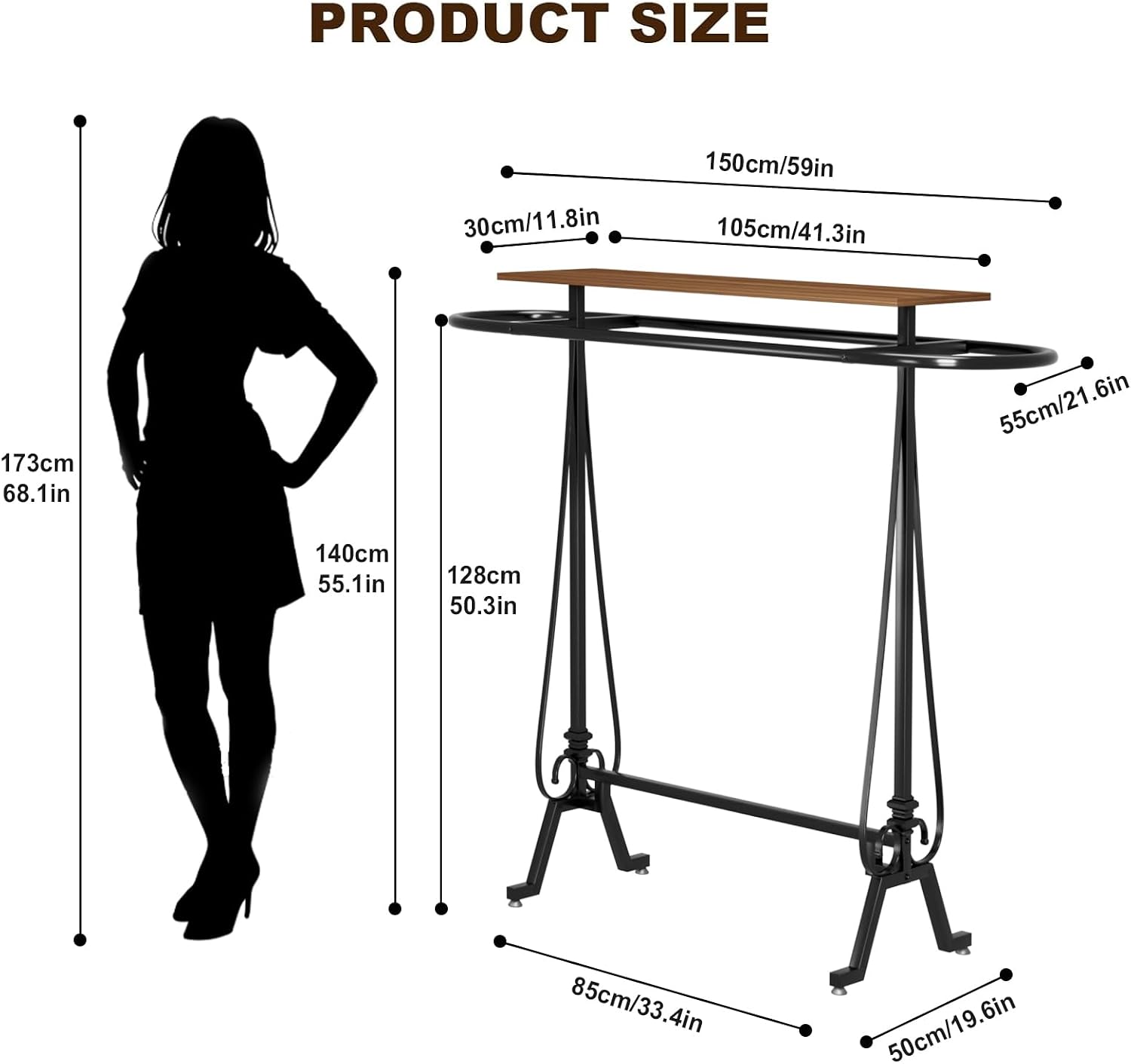 Round Garment Rack, Floor Standing Clothes Retail Display Stand, Oval Iron Clothing Rack with Wooden Topper, Suitable for Boutique Home Commercial Shop (Brown)