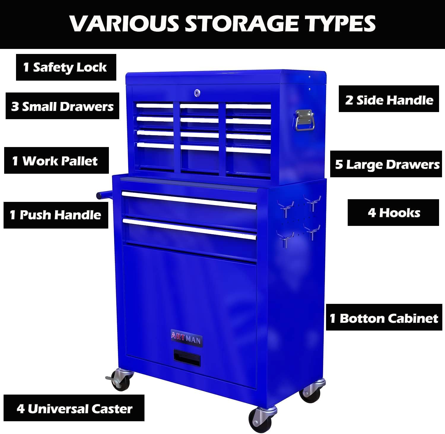 Campfun Rolling Tool Chest with Wheels, 8-Drawer Tool Box Organizer Tool Cabinet, Detachable Large Tool Cabinet with Lock, Mechanic Tool Cart High Capacity Tool Storage Cabinet, Blue
