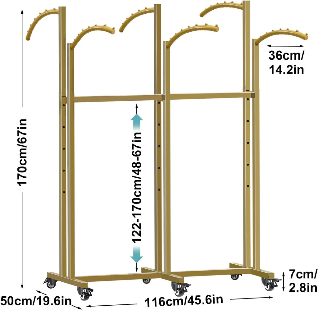 Floor Standing Metal Garment Rack, 6 Arms Clothing Display Rack with Wheels, Heavy Duty 48'' to 67'' Adjustable Height Retail Clothes Rack Rolling Shirt Rack for Hanging Clothes, Gold