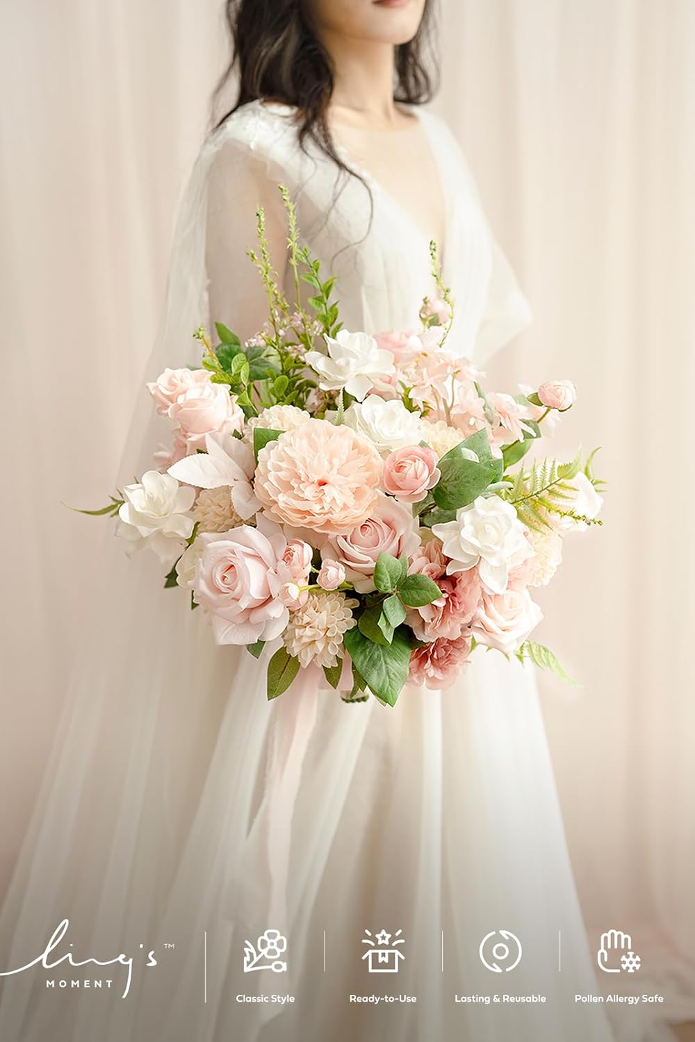 Ling's moment Wedding Artificial Flowers Package, Bridal Bouquet, Bridesmaid Bouquets, Boutonniere for Men, Rose Petals.Blush Pink