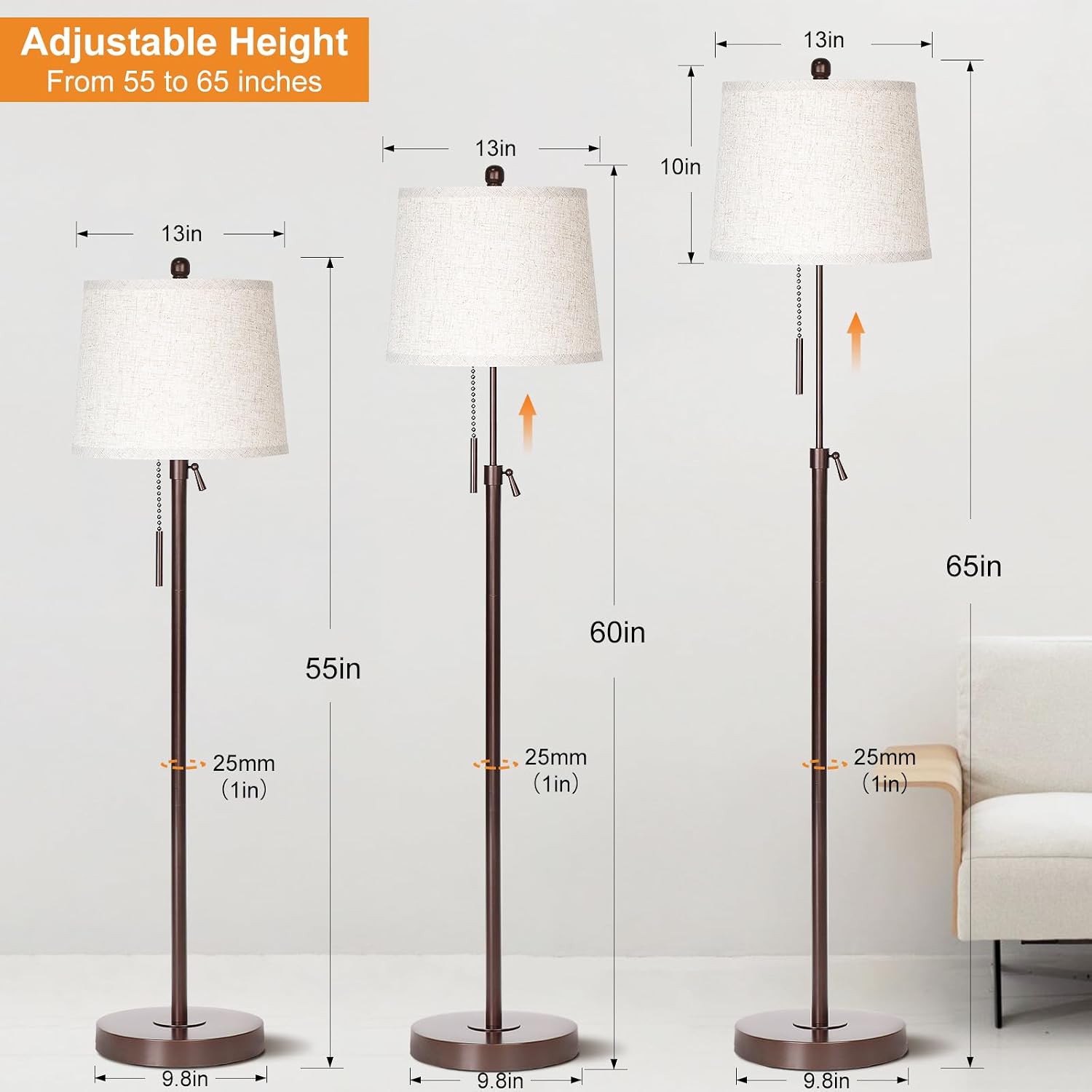 3 Piece Lamp Sets for Living Room Floor Lamp and Table Lamps Set of 3 Tall Standing Lamp Adjustable Height 3 Color Temperature Modern Brown Lamp for Bedroom Nightstand Bedside EndTable(Bulbs Included)
