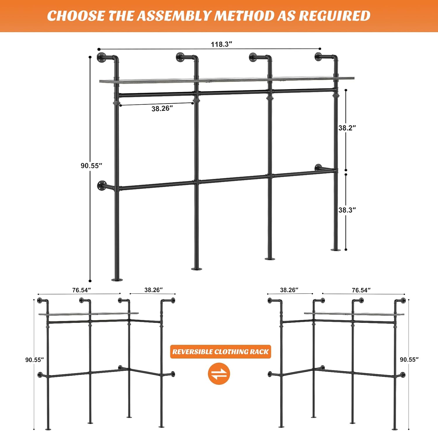 Aheaplus Industrial Pipe Clothing Rack, Reversible 118.3'' Clothes Rack for Hanging Clothes, Heavy Duty Garment Rack Closet Wardrobe Rack with LED Lights& Shelves, Walk-in Closet System, Black Oak