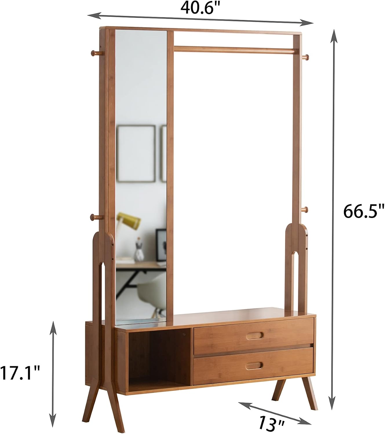 Bamboo Wooden Garment Rack Freestanding Closet Organizers and Storage Drawers with Mirror&Hooks, Coat Rack, Open Wardrobe for Entryway (40.6(L) x 13 (W) x 66.5 (H))